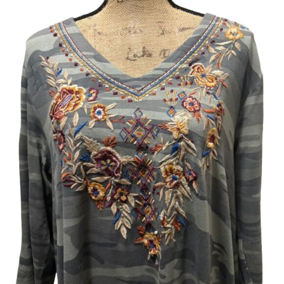 Karyn Seo Embroidered Green Camo Tunic Dress Boho Grunge Festival Size XL - Picture 2 of 5